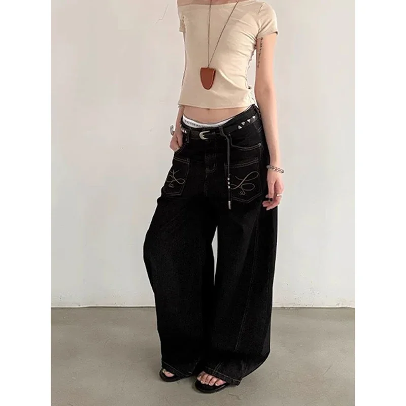 Mulheres vintage bordado preto gótico y2k baggy jeans 2025 outono harajuku estética 2000s denim calças streetwear roupas