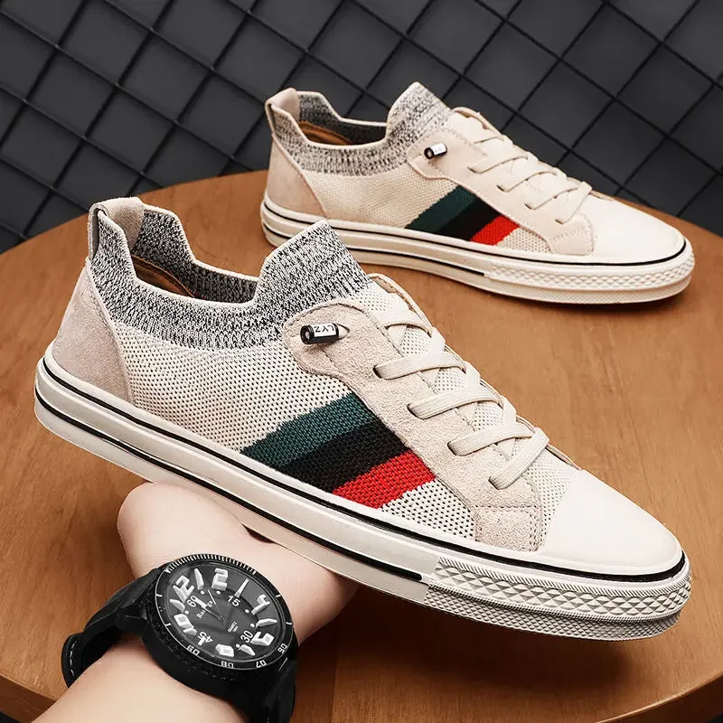 Shoes for Men Casual Shoes Spring Summer Striped Flat Skateboard Shoes Breathable Knit Slip-on Sneakers