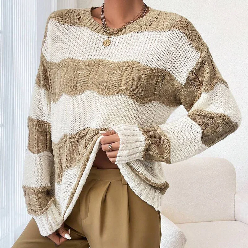 Women's Autumn Winter Loose Knit Sweater 3D Striped Cable Knit Long Sleeve Round Neck Versatile Pullover