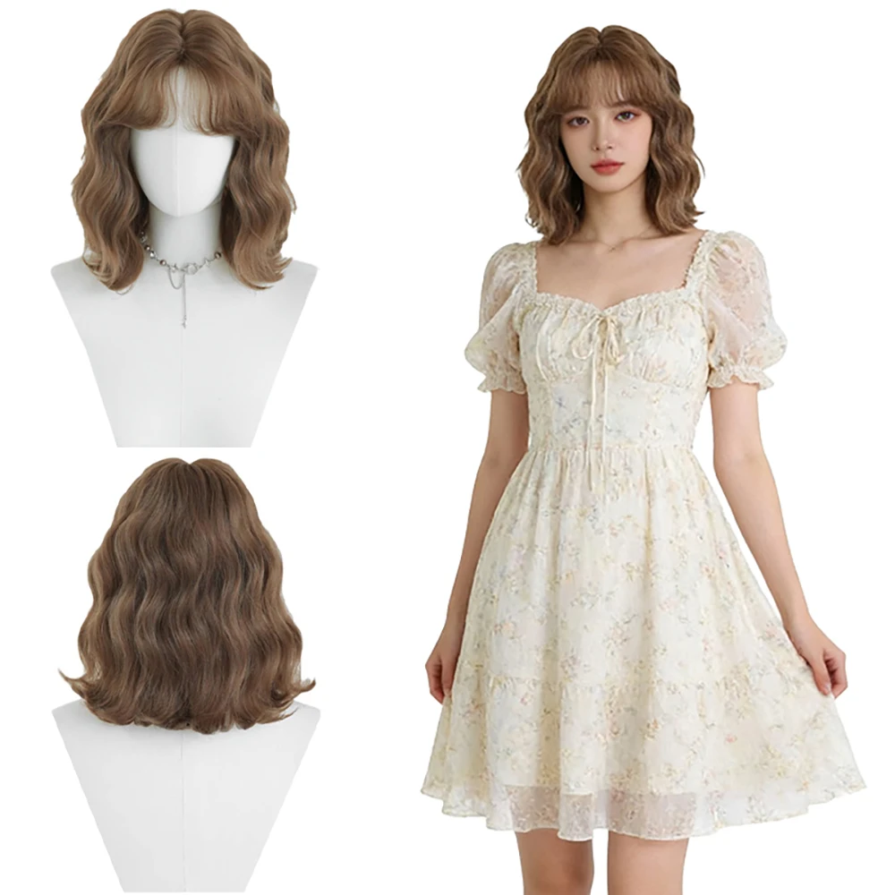 

Light Brown Short Wavy Wig with Air Bangs Natural Shoulder Length Bob Wig For Women Heat Resistant Synthetic Hair Daily Wear