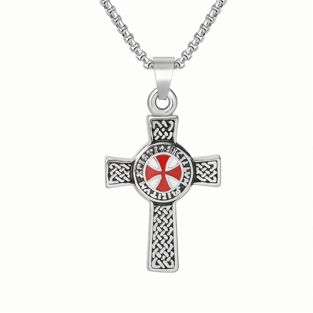 Vintage Punk Red Cross Templar Pendant Necklace for Men Fashion Charm Christian Religious Jewelry