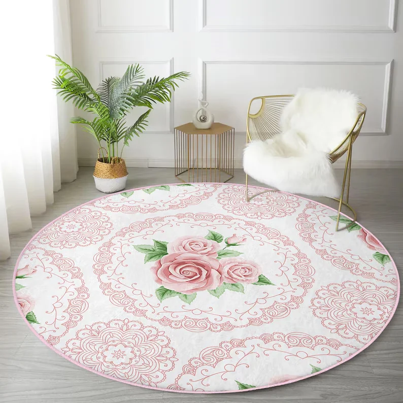Round Navy Floral Area Rug Vintage Roses Gold Border Carpet for Living Room Bedroom Decor Cottagecore Boho Circular Floor Mat