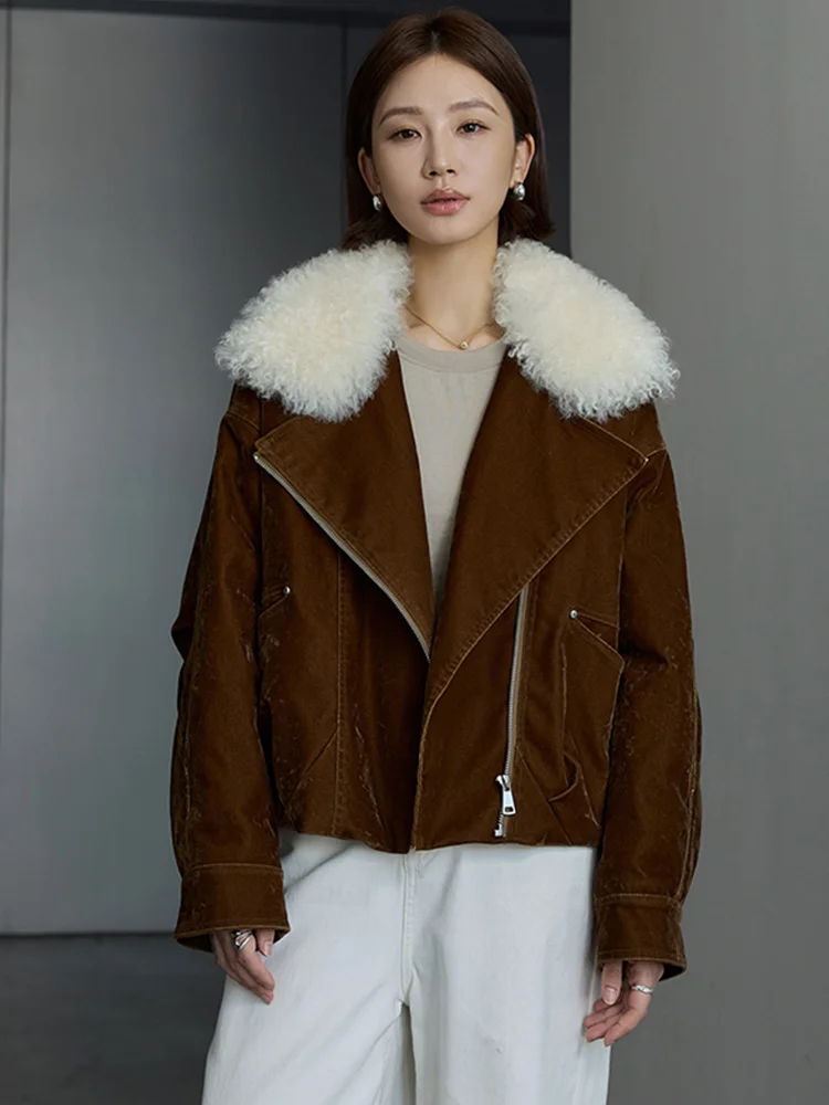 เสื้อโค้ทขนแกะแท้สำหรับผู้หญิง ฤดูหนาว 2026 พร้อมปกขนแกะ  เสื้อแจ็คเก็ตขนห่าน  ผ้าเดนิมธรรมชาติ  ผ้าลูกฟูก  เสื้อคลุมหรูหราสำหรับผู้หญิง
