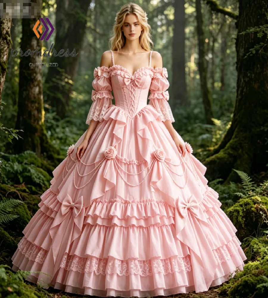 Luxury Rococo Victorian Wedding Dress 2026 Off Shoulders Ball Gown Pink Gothic 3D Rose Florals Bridal Dress Tiered Ruffled Lace