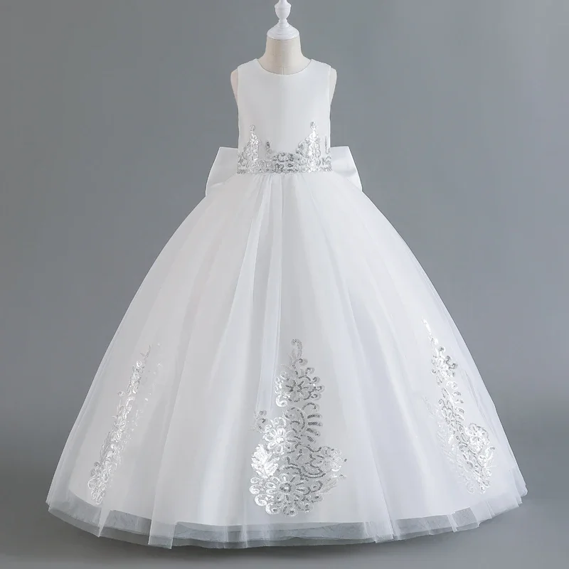 Girl's dress skirt long sleeveless princess skirt white dinner dress sweet evening dress net gauze pommel skirt C520