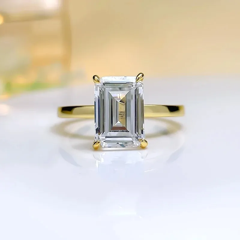 4 Carat 925 Silver Plated Gold Imitation Diamond Ring Rectangular Emerald Cut Small Rock Candy J94