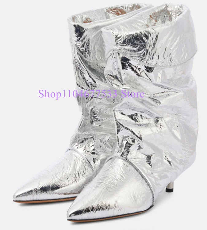 

New Low Heel Woman Ankle Boots Fashion Pointed Toe Pleated Short Boots Lady Sexy Banquet Dress Shoes