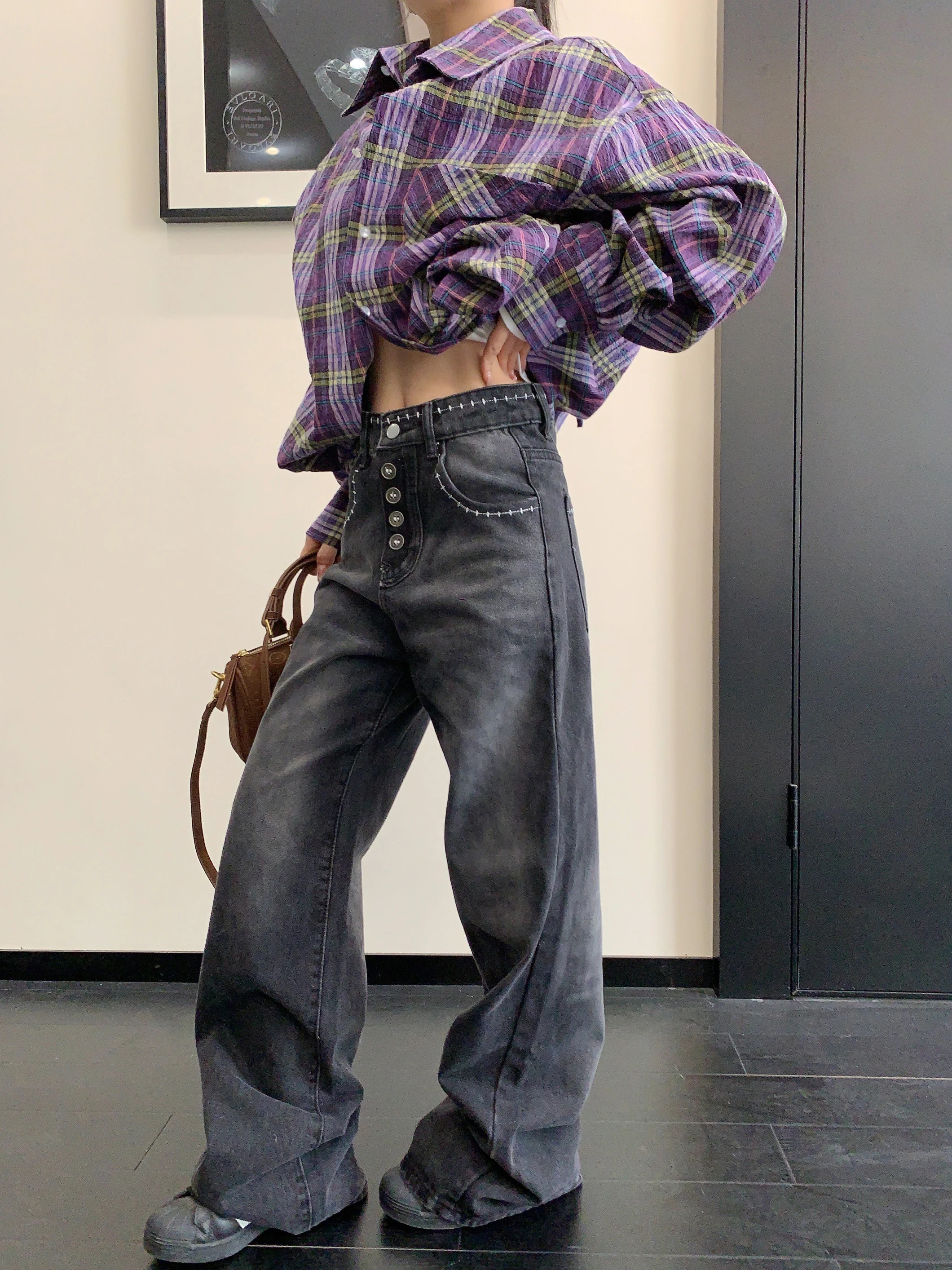

Retro Faded Low Waist Straight Leg Women's Jeans American Style Loose Slim Wide Leg Long Casual Pants Spring Season Ladies