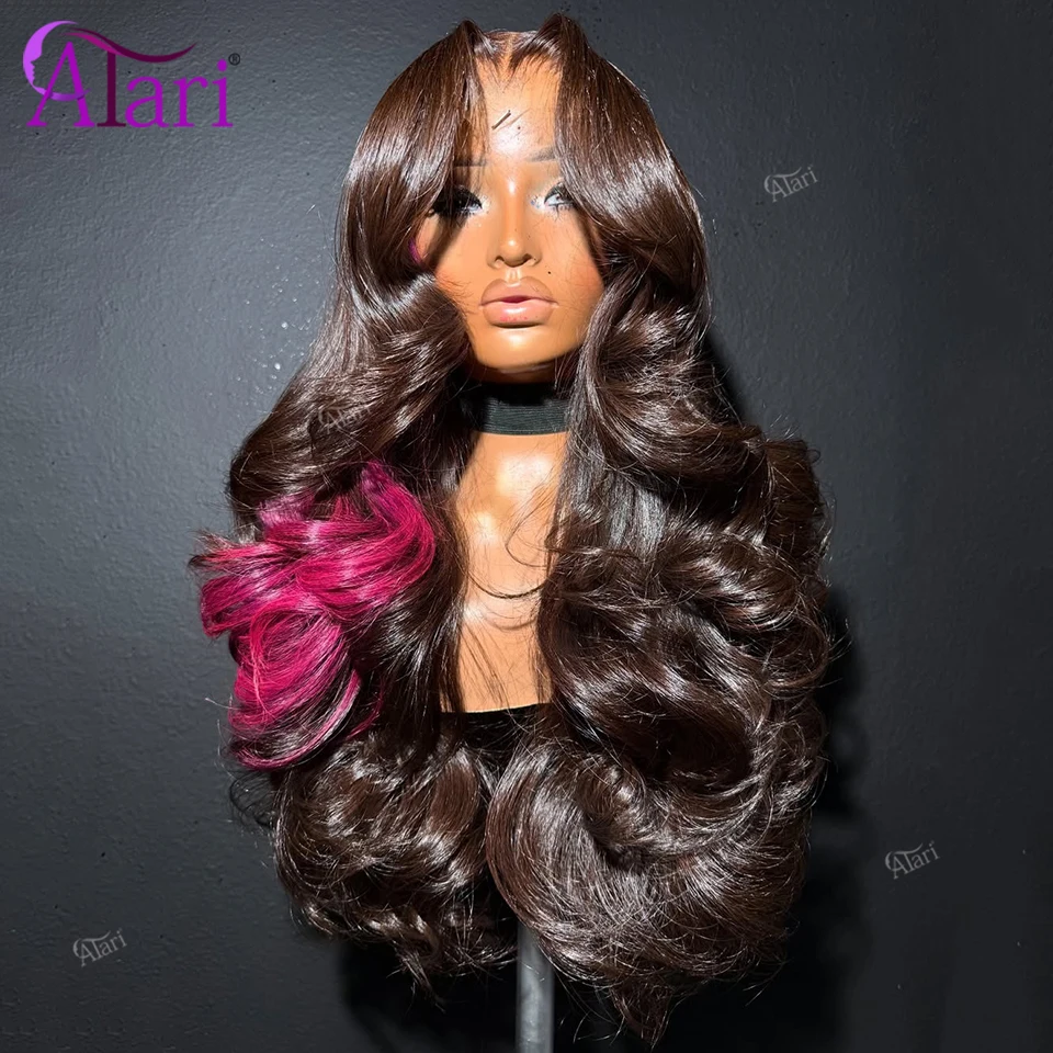 

180 Density Highlight Pink Brown Human Hair Body Wave Wigs 4# Red Stripe Transparent 13x4 13x6 Lace Frontal Remy Wig Pre Plucked