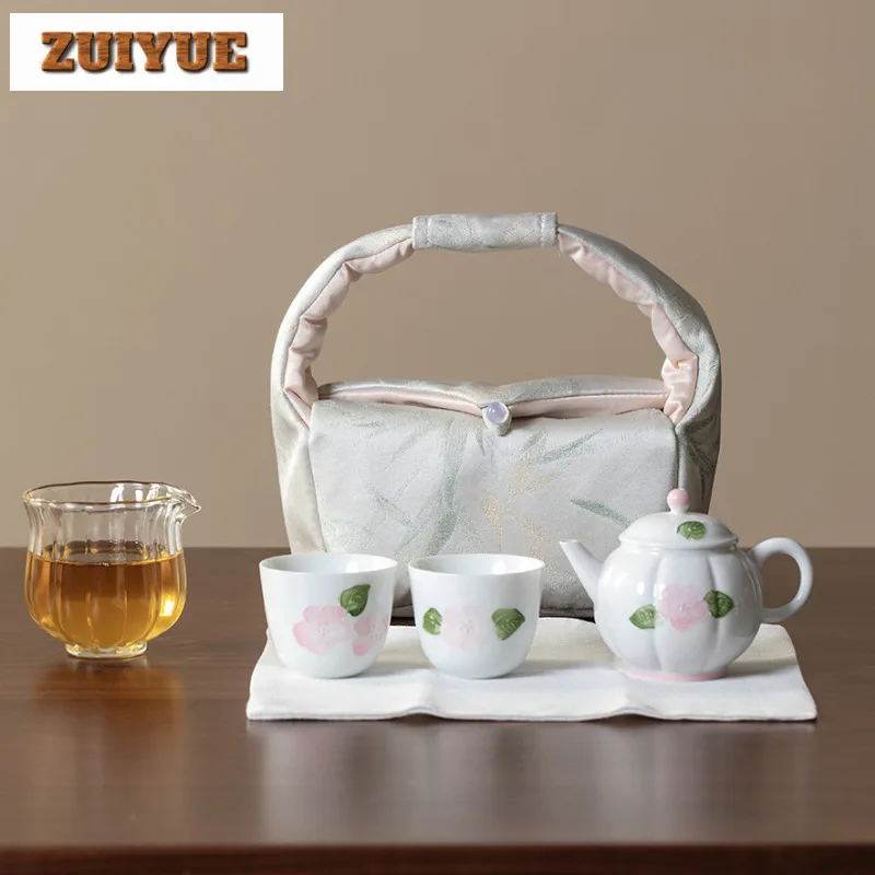 

Hand-painted Flowers Travel Tea Set Kit Ancient 1 Pot 2 Cups Tea Brewing Organizer Portable Outdoor Tote Bag Accessories Craft