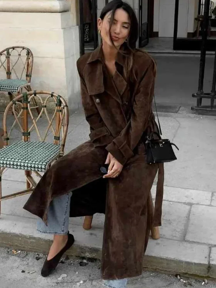 

Vintage Faux Suede Long Coat For Women Lapel Long Sleeve Overcoat With Belt 2025 Fashion Elegant Lady Commuter Office Outwear