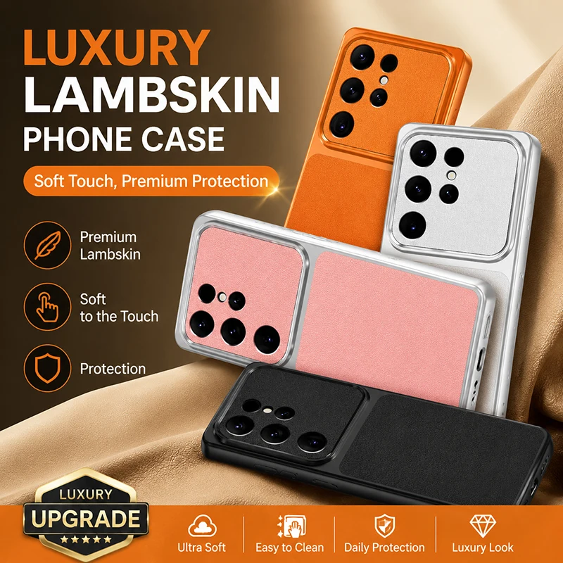 Lambskin Texture Phone Case for Samsung Galaxy S23 Ultra Plus FE S23Ultra 5G Shockproof High Quality Leather Original Back Cover