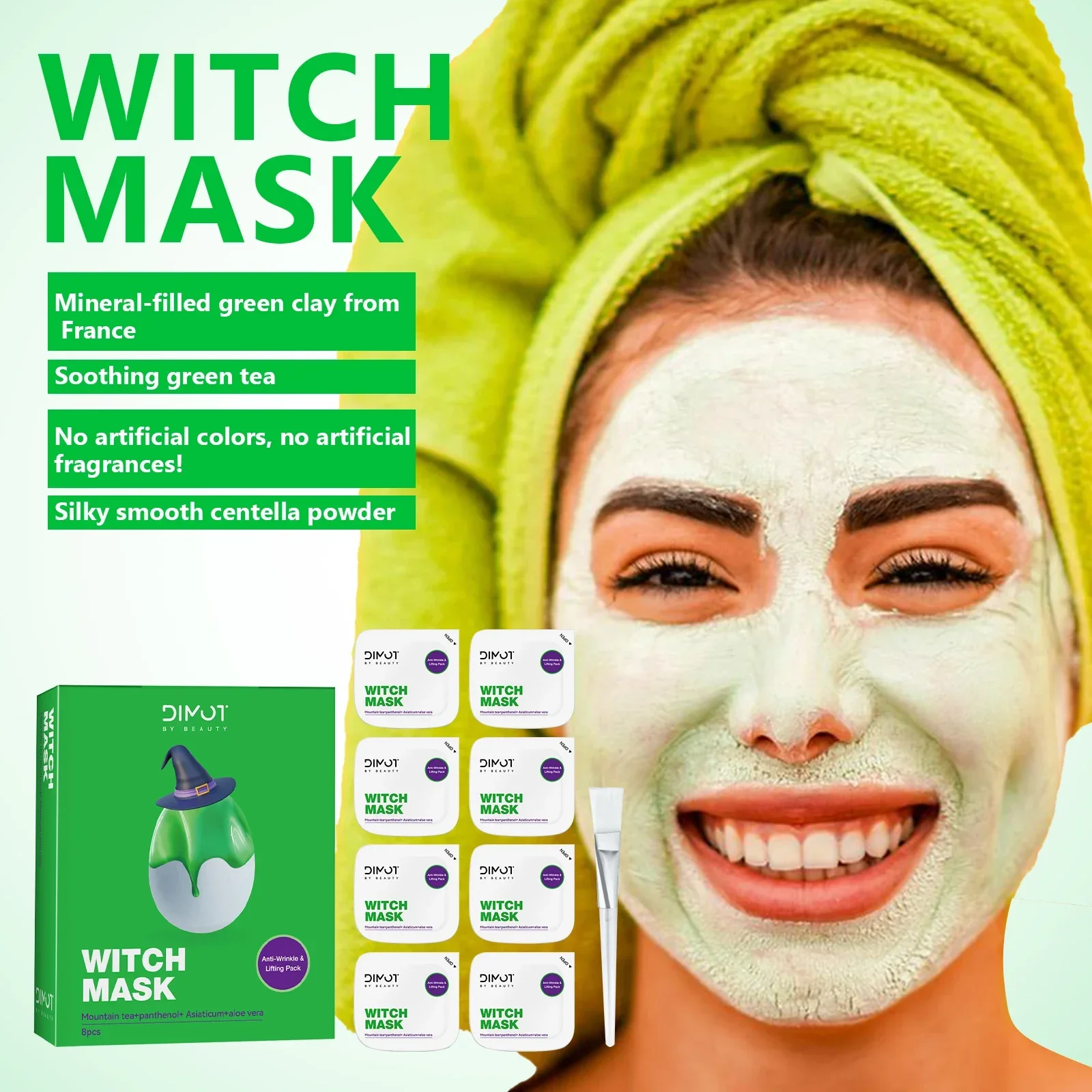 

DIMOT 8pcs Witch Mask - French Green Clay & Green Tea Clean Face Mask for Pore Cleansing, Lifting Anti-wrinkle & Smooth Skin