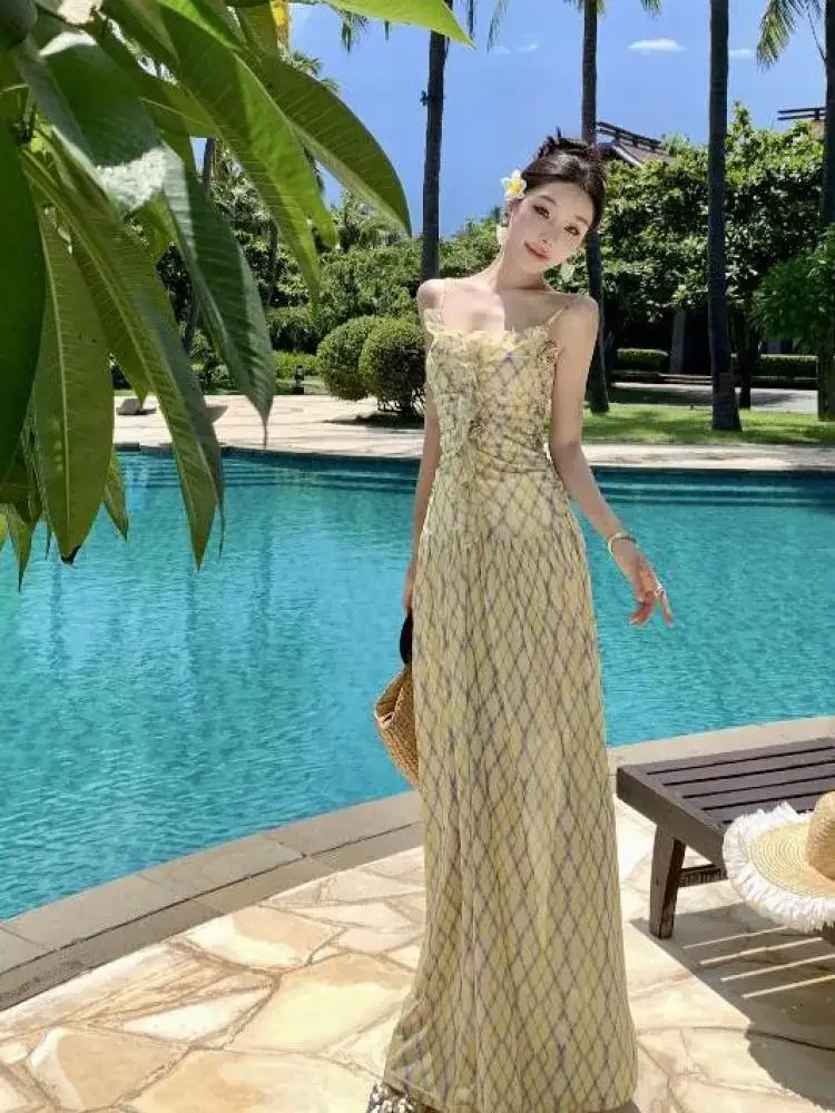 อเมริกัน Retro Elegant Boho Beach Slip Dress ผู้หญิงฤดูร้อนแขนกุดลายสก๊อตชุดยาวเซ็กซี่คลับชุดวันเกิด