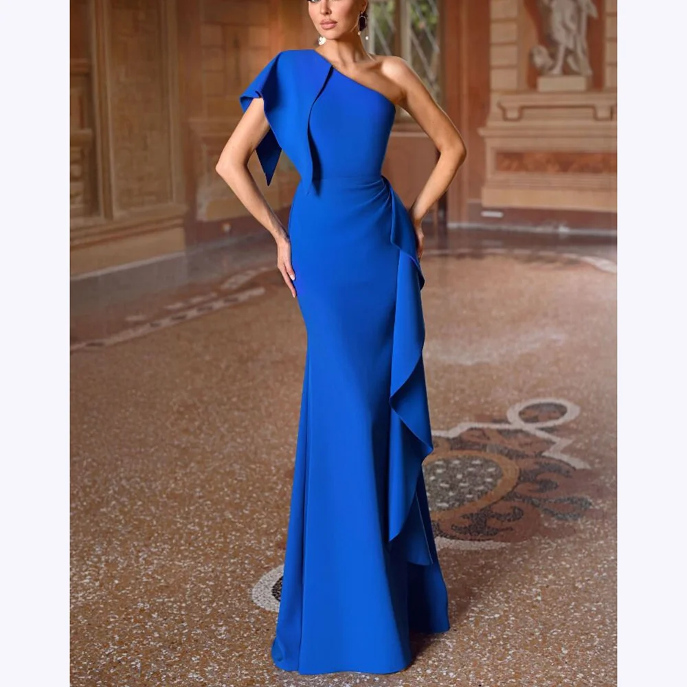 

Royal Blue Prom Dresses Pleats One Shoulder Sleeveless Floor Length Evening Dress Mermaid Gown Vestidos De High Quality