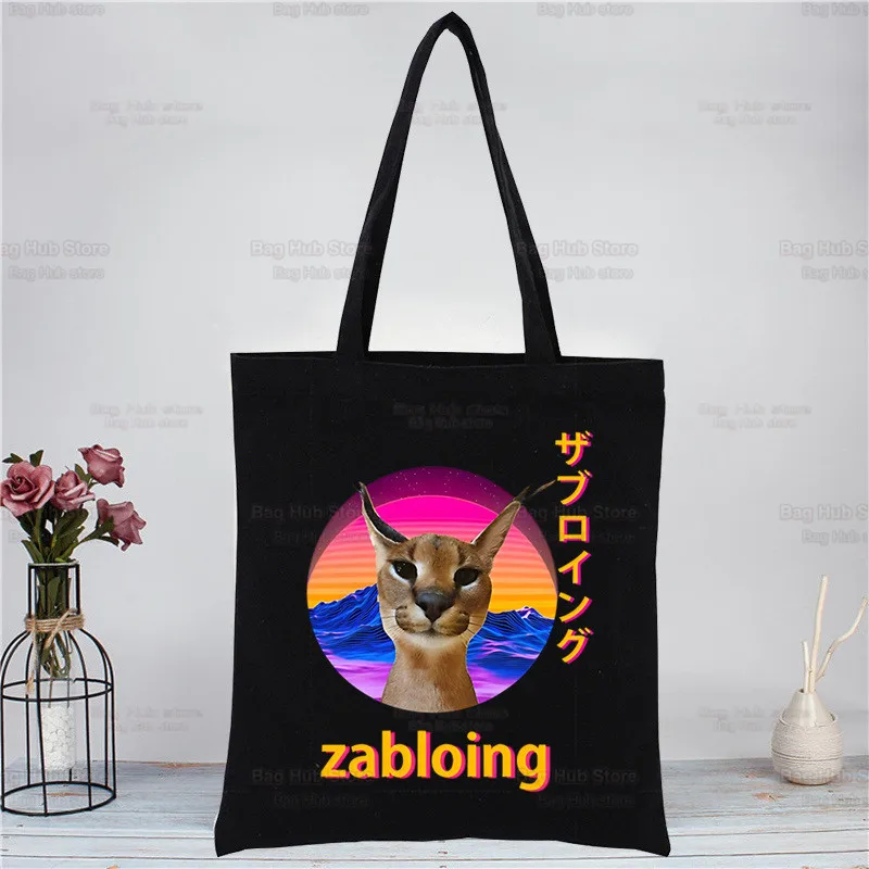 Big Floppa Cute Funny Cat Black Canvas Bag Women Girls Large Storage Handbag Shoulder Bag Tote Reusable Student Bookbag