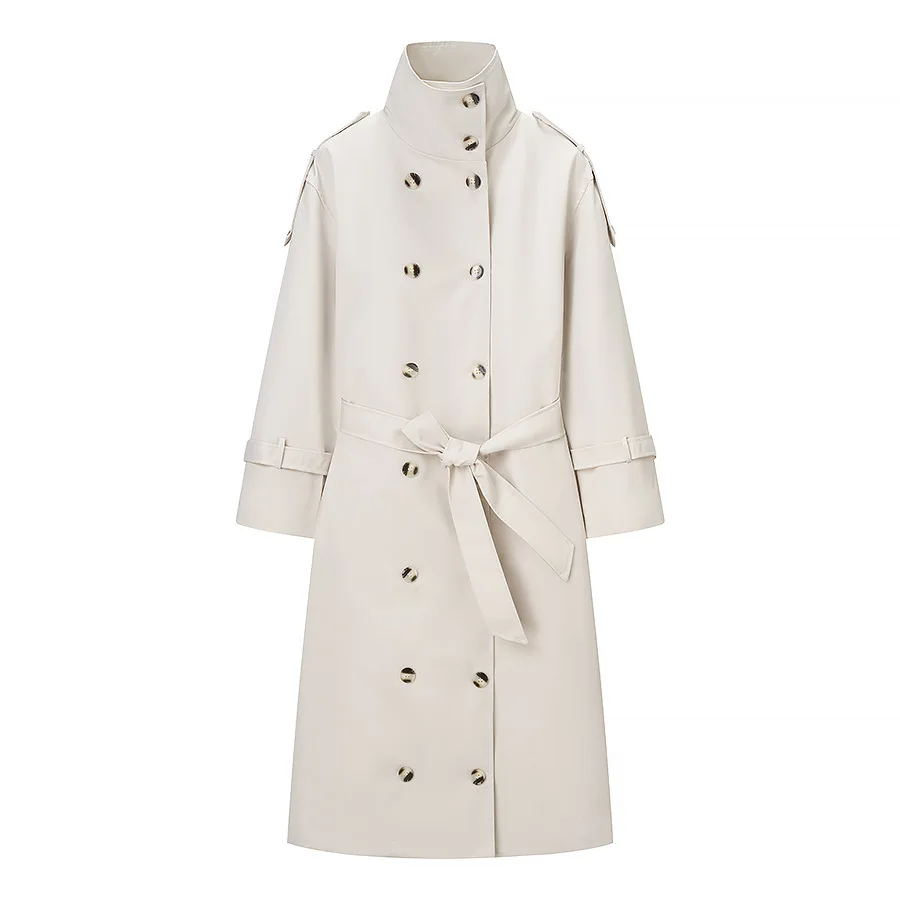 Herfst en winter dames beige lange trenchcoat met revers met dubbele rij knopen, stijlvolle riem, losse pasvorm, effen kleur jas
