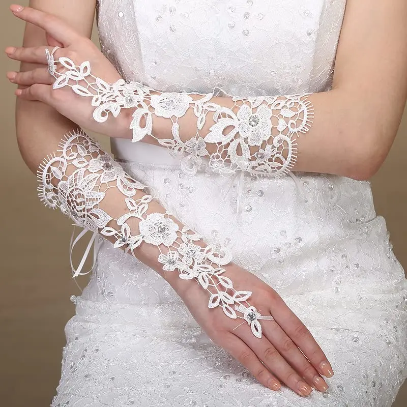 Guantes de boda de encaje de cristal para mujer, guantes de novia sin dedos con codo, accesorio largo Floral de marfil para novia