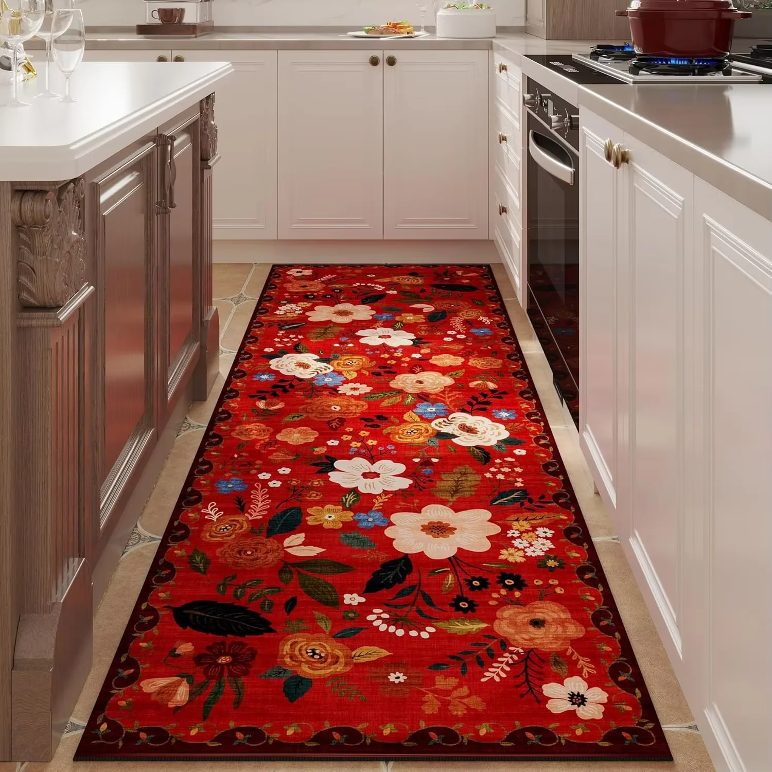 VIKAMA Runner Rug for Hallways Kitchen Non Slip Machine Washable Carpets with Rubber Backing Soft Floral Rugs for Kitchen Decor