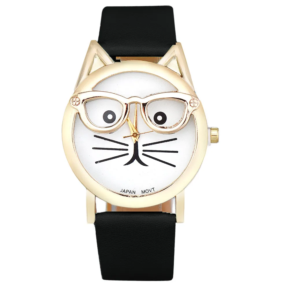 Relojes de cuarzo con correa de cuero para Mujer y niña, relojes de pulsera informales con diseño de gato y gafas bonitas, a la moda