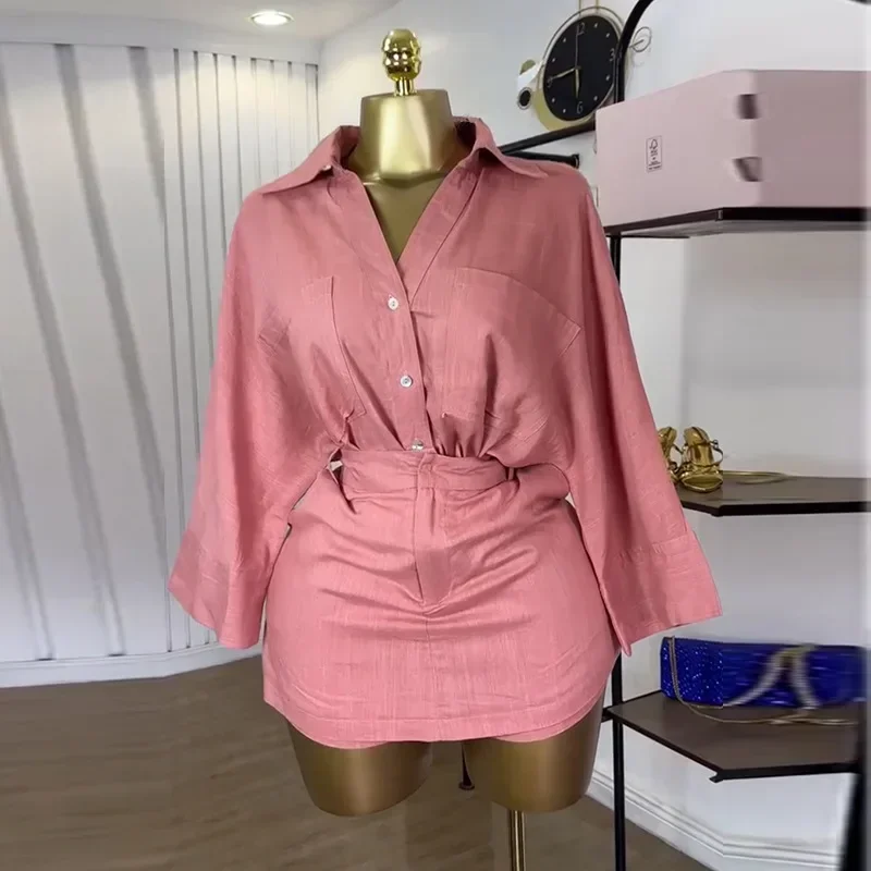 

Fashion Women's Set Full Sleeve Turn-down Collar T-shirt and Skirts Shorts 2025 Chic Two 2 Piece Sets Outfit Tracksuits