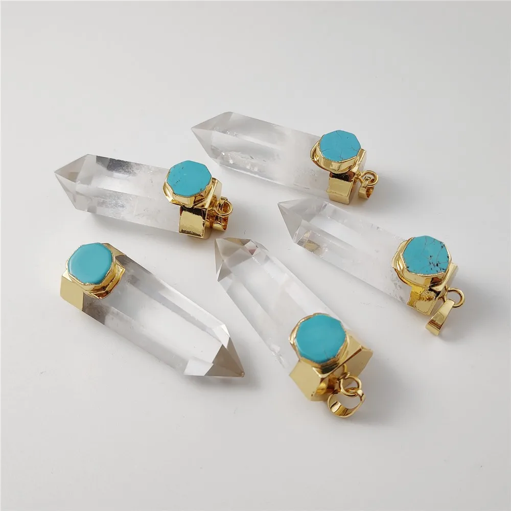 FUWO Natural Clear Crystal Point Pendant, Faceted White Quartz Pillar Turquoises Charm Accessories For Necklace Making PD436 5Pc