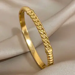 Fashion Twist Chain Stainless Steel Bangle Bracelet for Women Minimalist Gold Plated Slim Cuff Bracelets Waterproof Jewelry