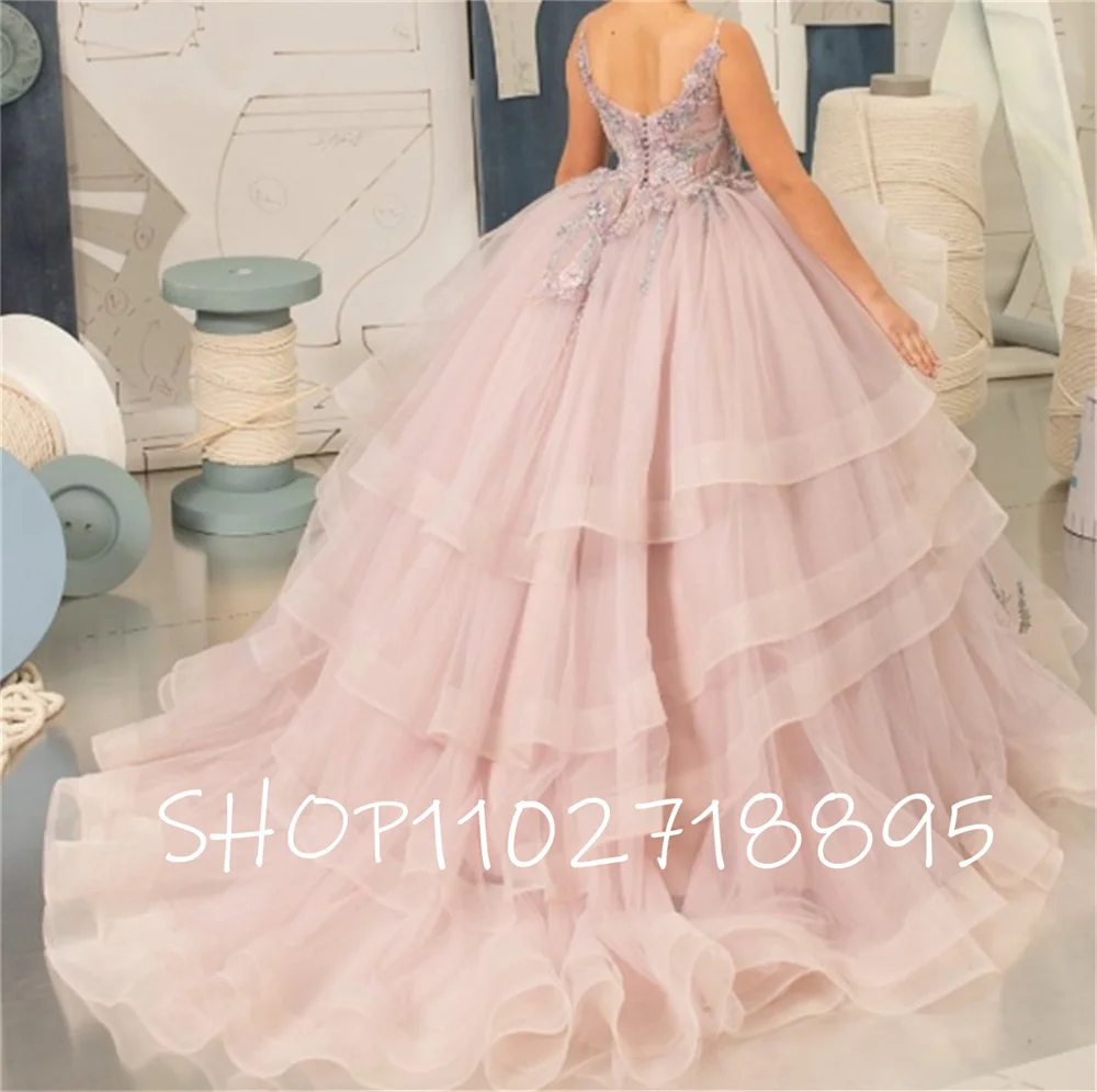 Rosa soffice a strati senza maniche in pizzo Applique Flower Girl Dress Wedding Sweet Little Flower children's eucarthday Dress