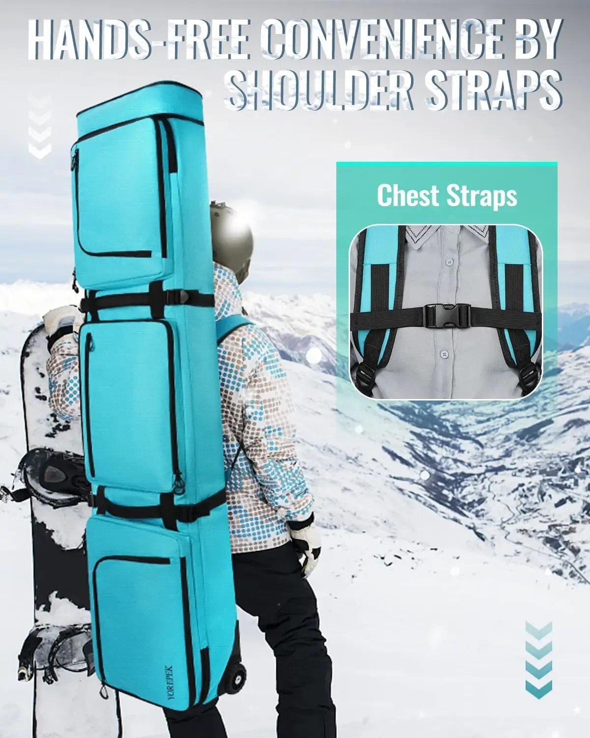 Gepolsterte Snowboardtasche mit Rollen, ausziehbare Skitaschen für Luftreisen, Länge bis zu 175 cm, wasserabweisender Snowboard-Rucksack mit