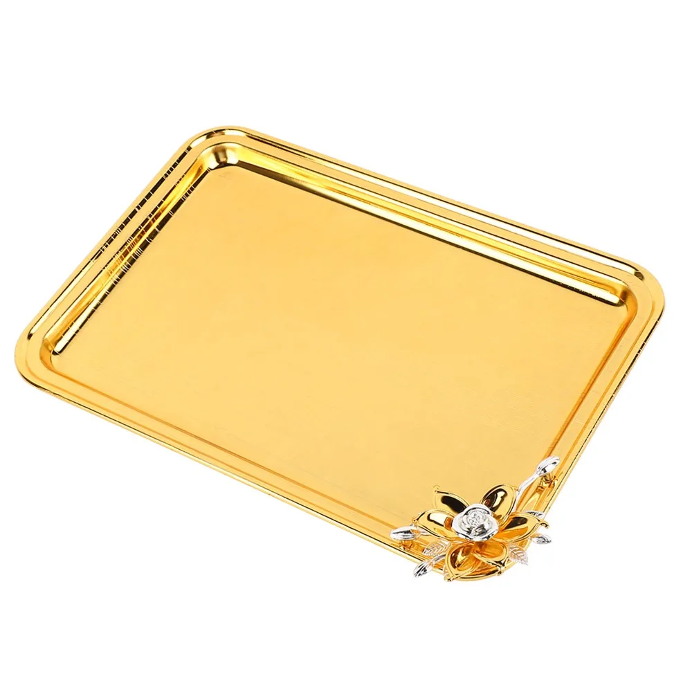 2pcs Serving Trays Rectangular Serving Tray Gold Floral Serving Platter Stainless Steel Food Service Tray Coffee Table