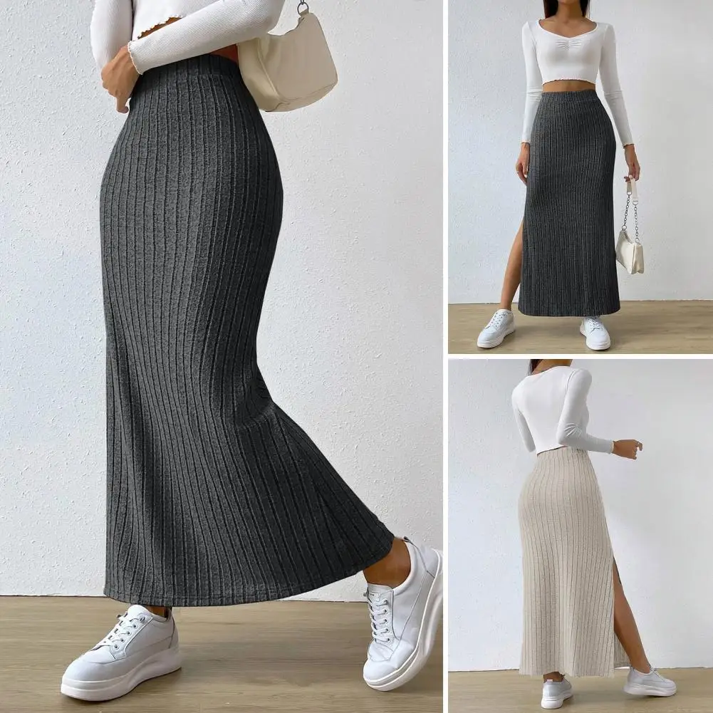 

High-waisted Side Slit Skirt High-waisted Ribbed Maxi Skirt with Side Slits Solid Color Hip-wrapped Long Skirt for Autumn Winter