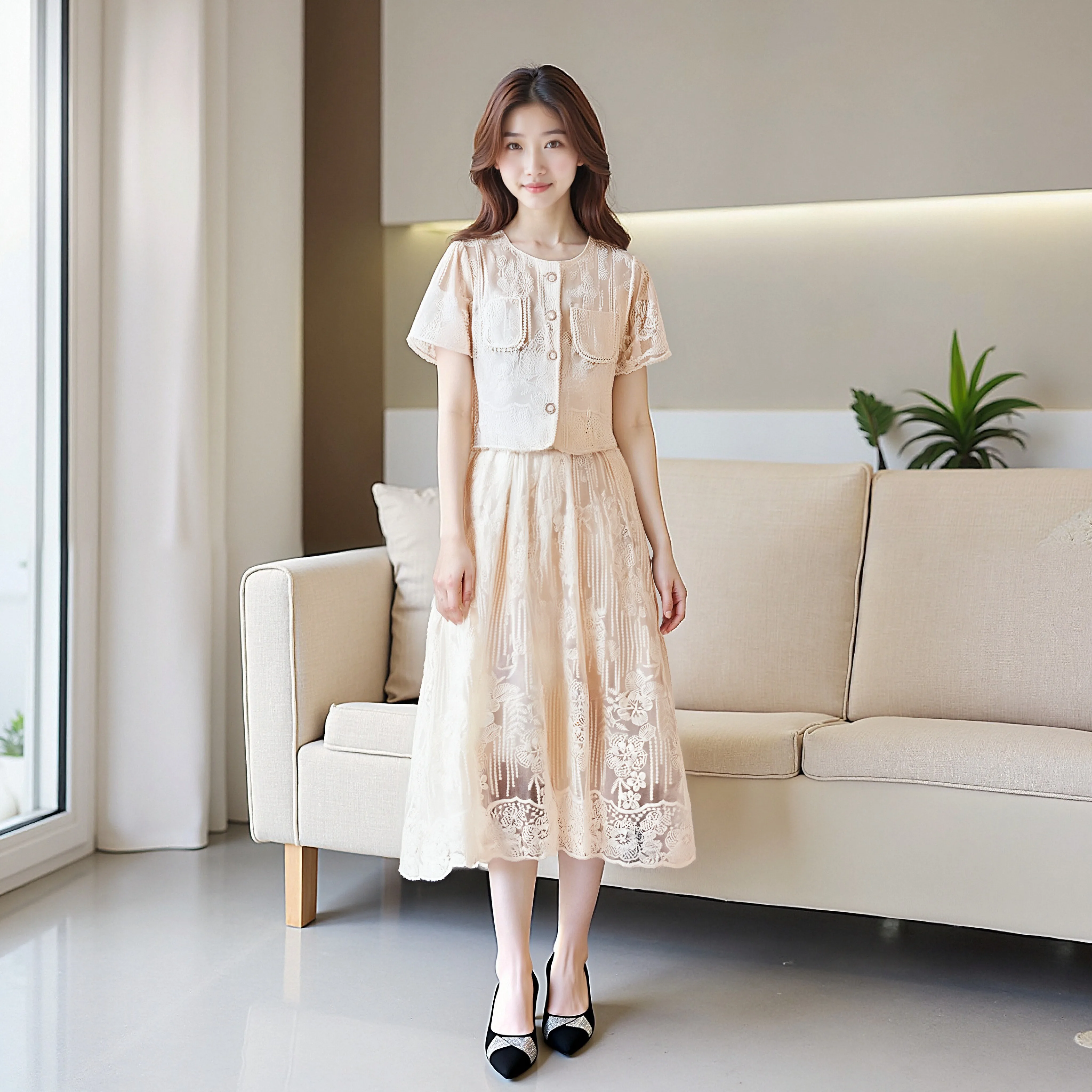 

Fashion socialite nail bead water-soluble lace short top+high waist and large swing mid length skirt set