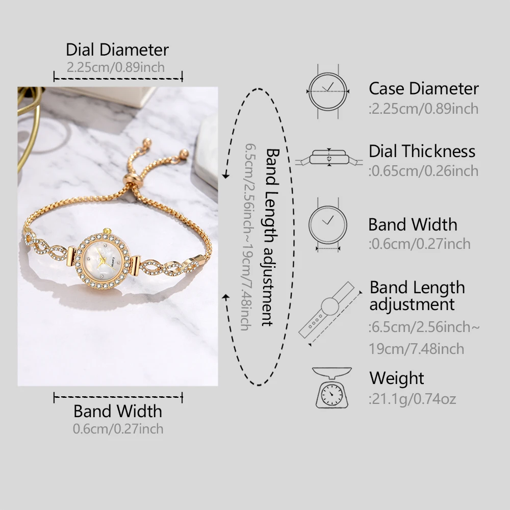 6PCS/Set Gold Women Watch Fashion Luxury Dial Quartz Wristwatch Telescopic Chain Band Watch Jewelry Set Gift For Mother