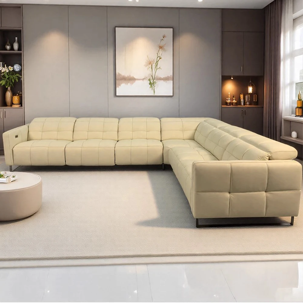 أريكة كرسي كهربائية بمحركات مزدوجة على شكل حرف L من Nordic، أريكة مقسمة من الجلد الطبيعي الفاخر مع مسند رأس قابل للتعديل لغرفة المسرح #1