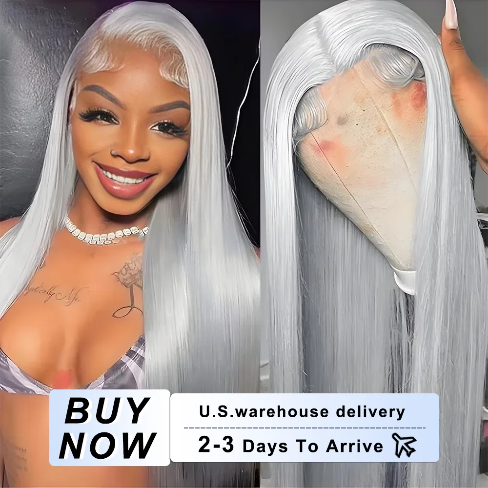 

250% Grey Straight Human Hair Lace Frontal Wig Pre Plucked 13x6 HD Transparent Lace Front Wigs Silver Gray Color Human Hair Wig