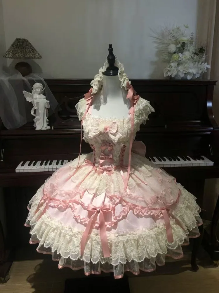 Japanese Style Sweet Cute Girly Dress Suit Women Kawaii Waist Splicing Suspender Puffy Dress Slim Sleeveless Pink Two-piece Set