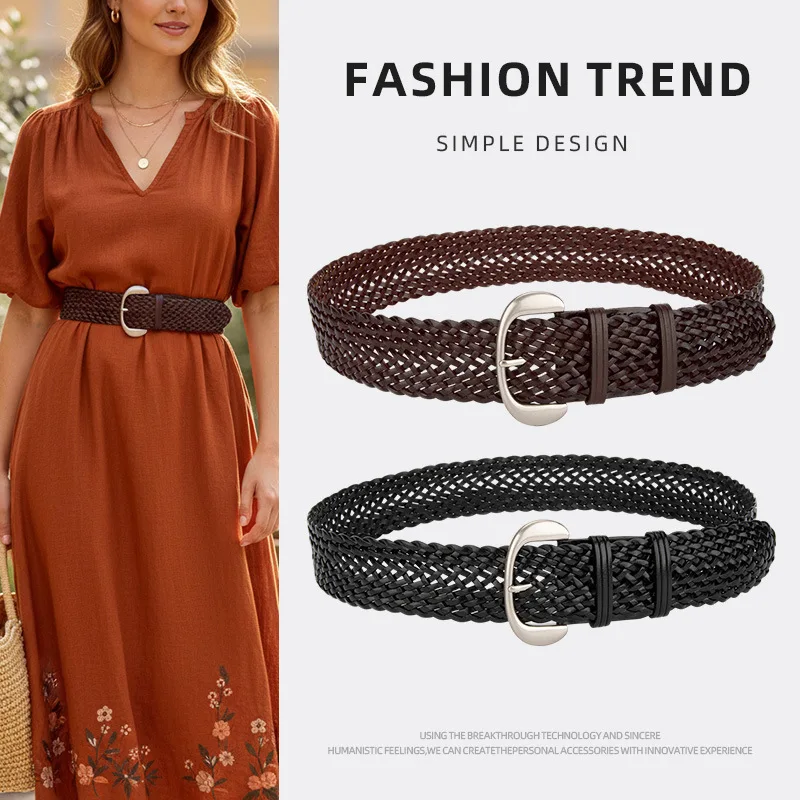 

Женский ремень без дырокола ручной вязки с пряжкой, модное платье в стиле ретро, широкий женский ремень
