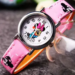 Disney-Montre à quartz Minnie Cartoon pour enfants, montres-bracelets mignonnes pour filles, belle mode