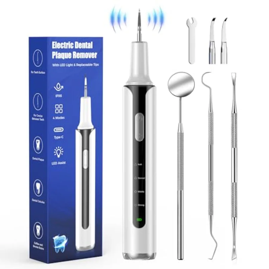 

Electric Tartar Remover for Teeth 4-Mode with LED Light Rechargeable Dental Cleaning Kit in Silver with 3 Replaceable Heads Ide