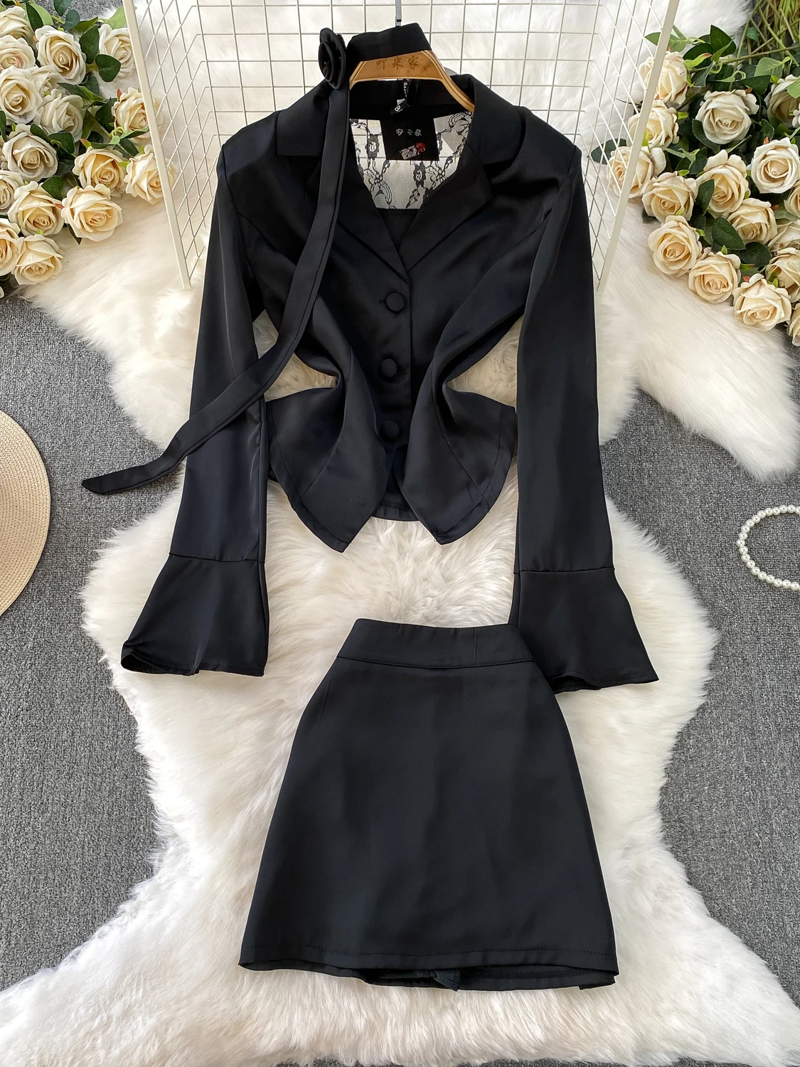 

Faionable Lace Splice для похудения с высокой талией и юбкой, костюм Jaet, противолегкий прогулочный комплект из двух предметов Ele Lady Sle