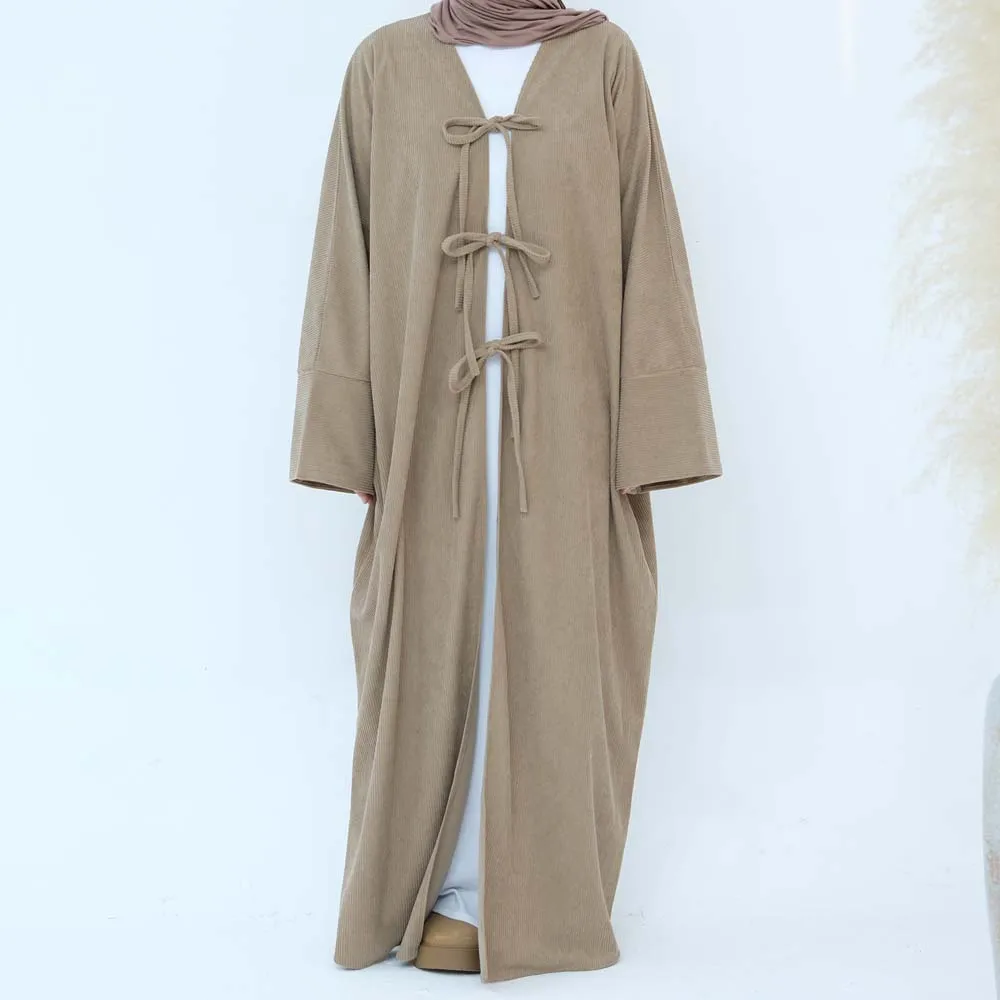 Winter Corduroy Open Abaya Modest Dubai Kimono with Pockets Islam Woman Dress Muslim Women Thick Warm Cardigan Front with Bows