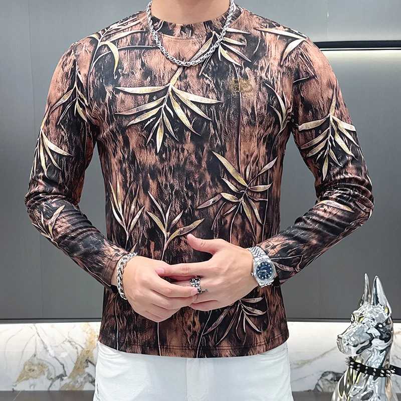 Mock Neck Trendy T Shirt For Men Long Sleeve Digital Print Silky Autumn New Quality Polyester Blends Elastic Camisetas De Hombre