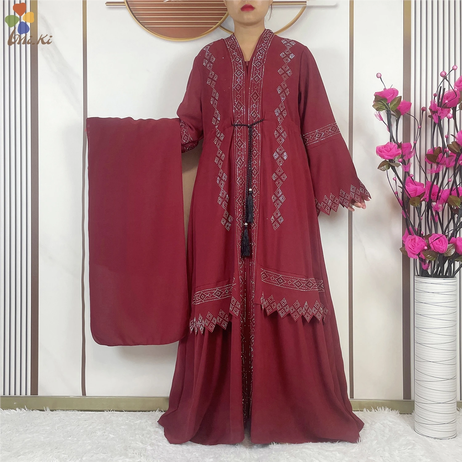 New Muslim Fashion Women Chiffon Hot Diamond Open Zipper Robe Dashiki African Abaya Women Robe Islamic Cardigan Robe Clothing