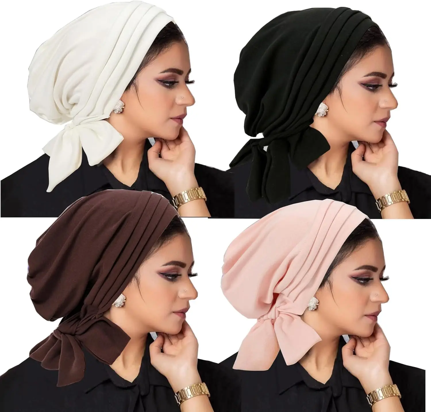 4 Pieces Ramadan Solid Color Turban Hijab Long Tail Head Wraps Muslim Hats Breathable Chemo Cap for Women Hair Loss Bonnet Mujer