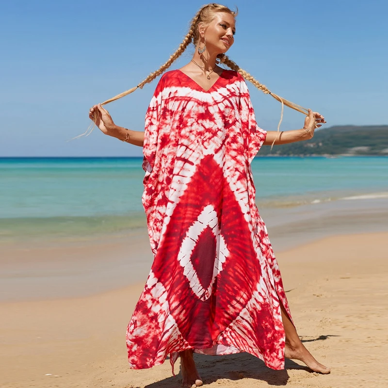 Bali Beach Kaftan Batik Tie Dye Print Long Dress Red Women Maxi Caftan Oversize Resortwear Seaside Party Gown Shapeless Cover Up