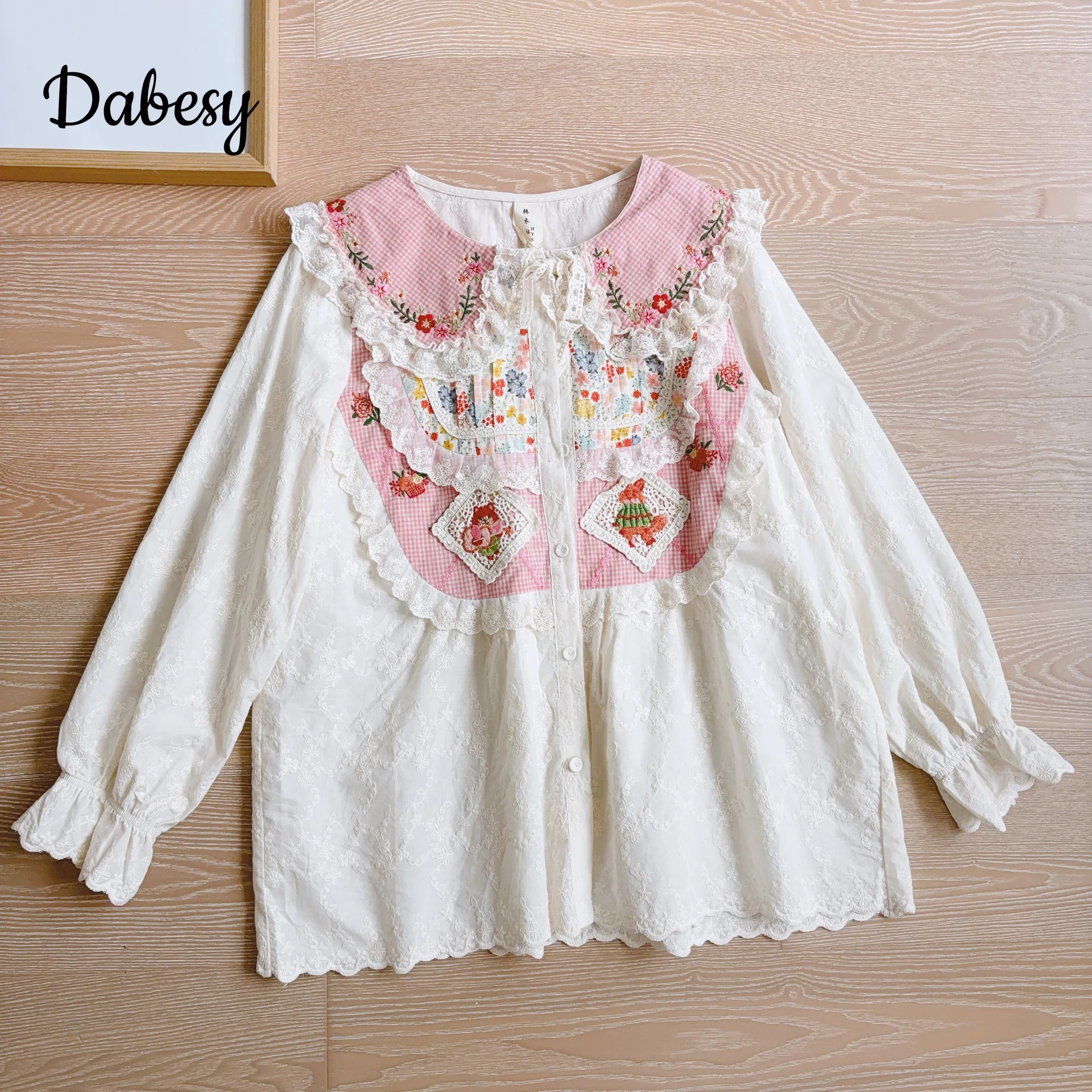 Mori Girl Flower Embroidery Cotton Linen Tops Autumn Japanese Vintage Peter Pan Collar Lace Patchwork Long Sleeve Kawaii Shirts