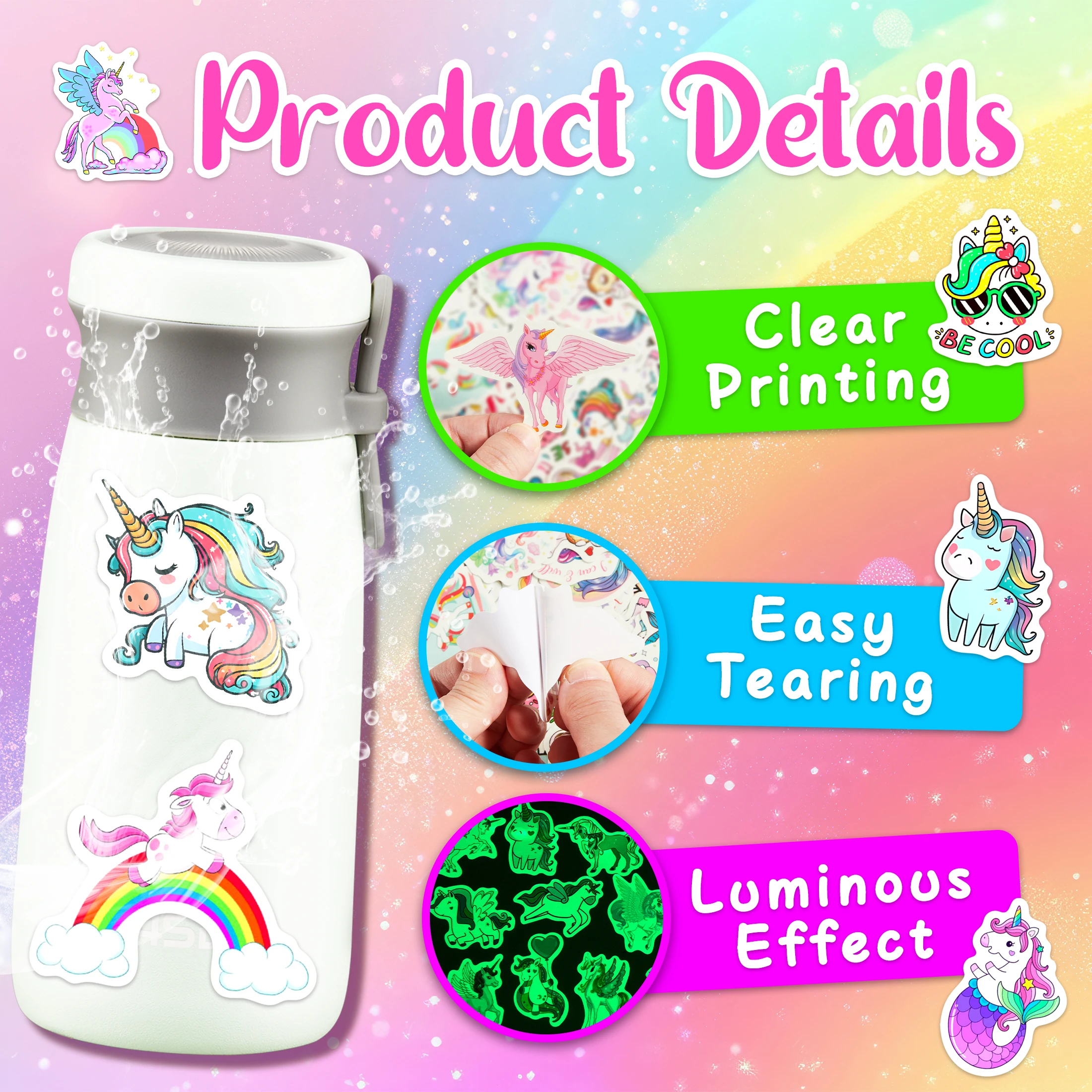 ユニコーンパターンの粘着性ビニールステッカー,防水ビニールステッカー,DIYバッグ,スケートボード,電話ケース,子供用装飾,かわいい,51個