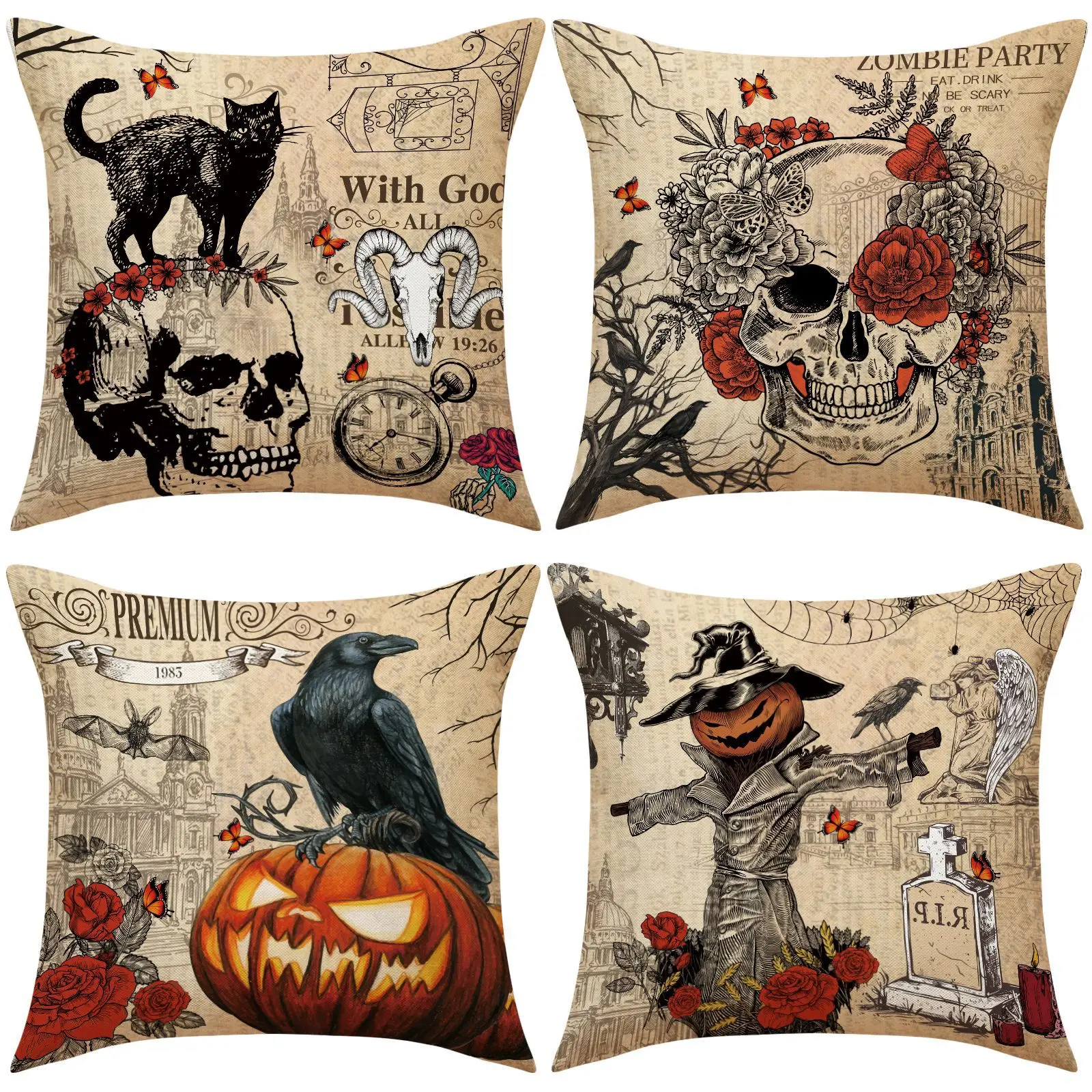 

4pcs Skull Crow Throw Pillow Case Horror Pumpkin Man Pillowcase 40x40 Cm Bed Sofa Living Room Pillow Cover Decorative Home Decor