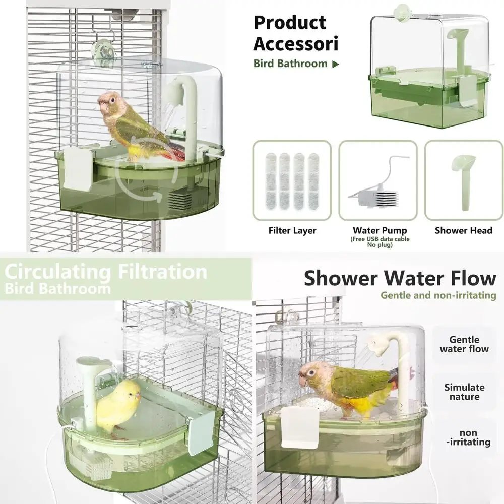 

Automatic Bird Baths for Cage – Indoor Parakeet Bath with Pump, Bird Shower with 2 Modes Running Water, Bird Cage Accessory for
