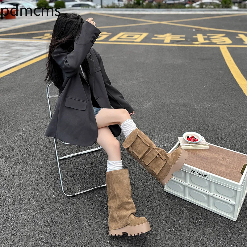 Designer Women's Short Boots Fashion Platform Cargo Pants Tube Boots Women New Large Tall Boots Retro Heightened Mid Calf Boot